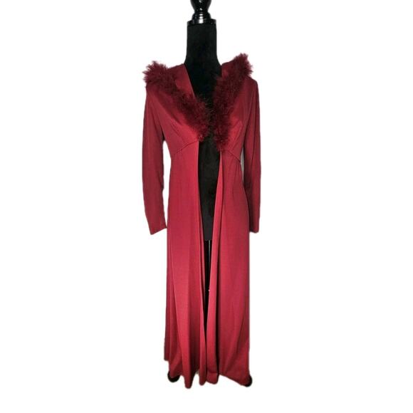 Vintage 70s Maroon Marabou Trim Hooded Robe Maxi Disco Robe Women's Size 5 S/M